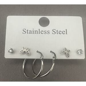Stainless Steel Butterfly, Hoop And Stud Earrings. 3 Pairs In One